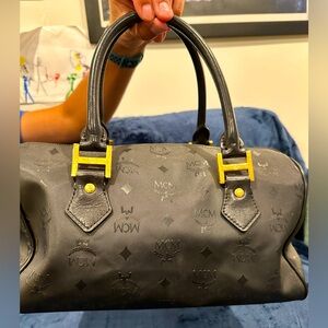 MCM Black Leather Satchel with Gold Hardware